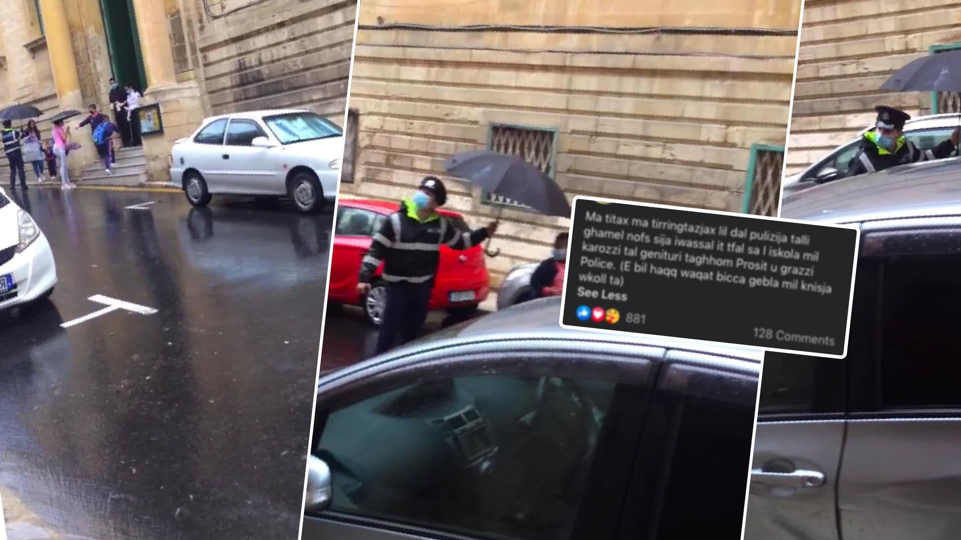 Kind policemen shelters children from rain on their way to school