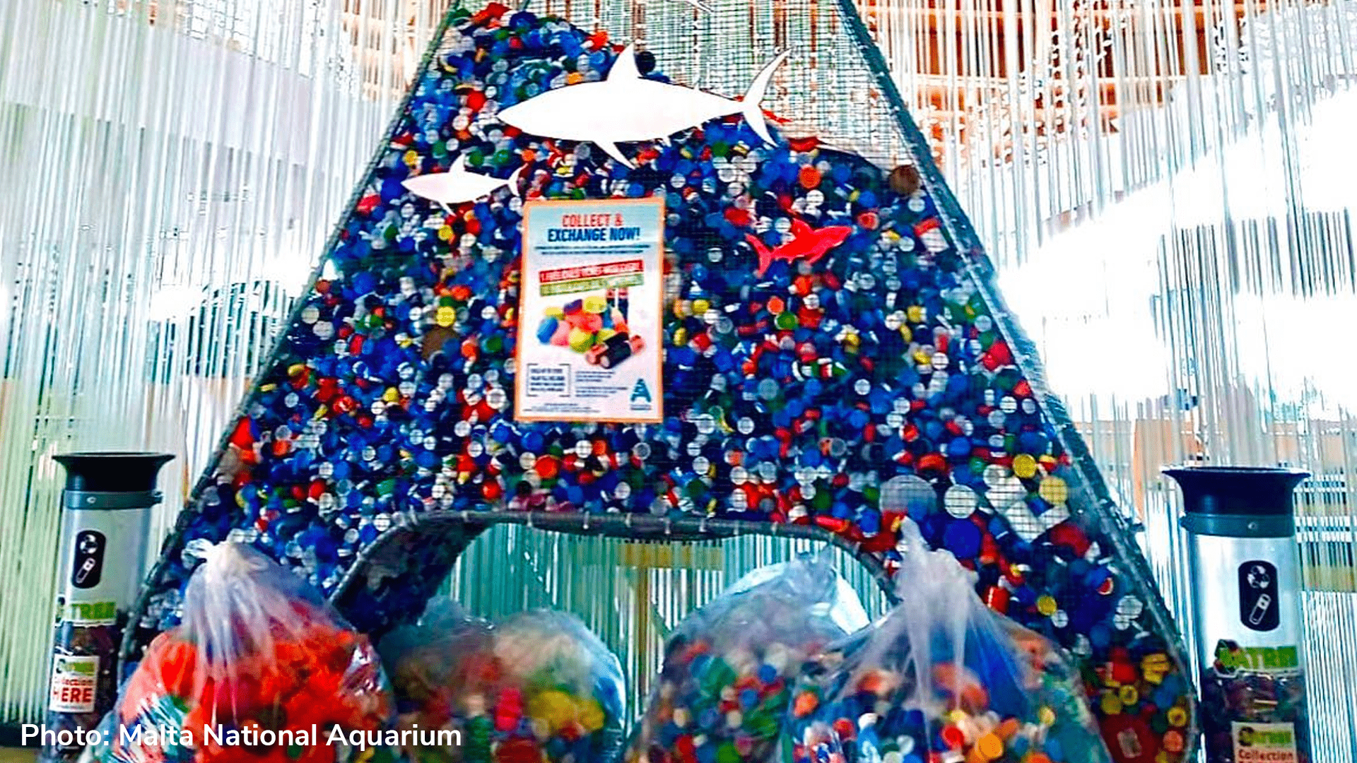 Malta National Aquarium trading tickets with bottle caps & batteries for charity