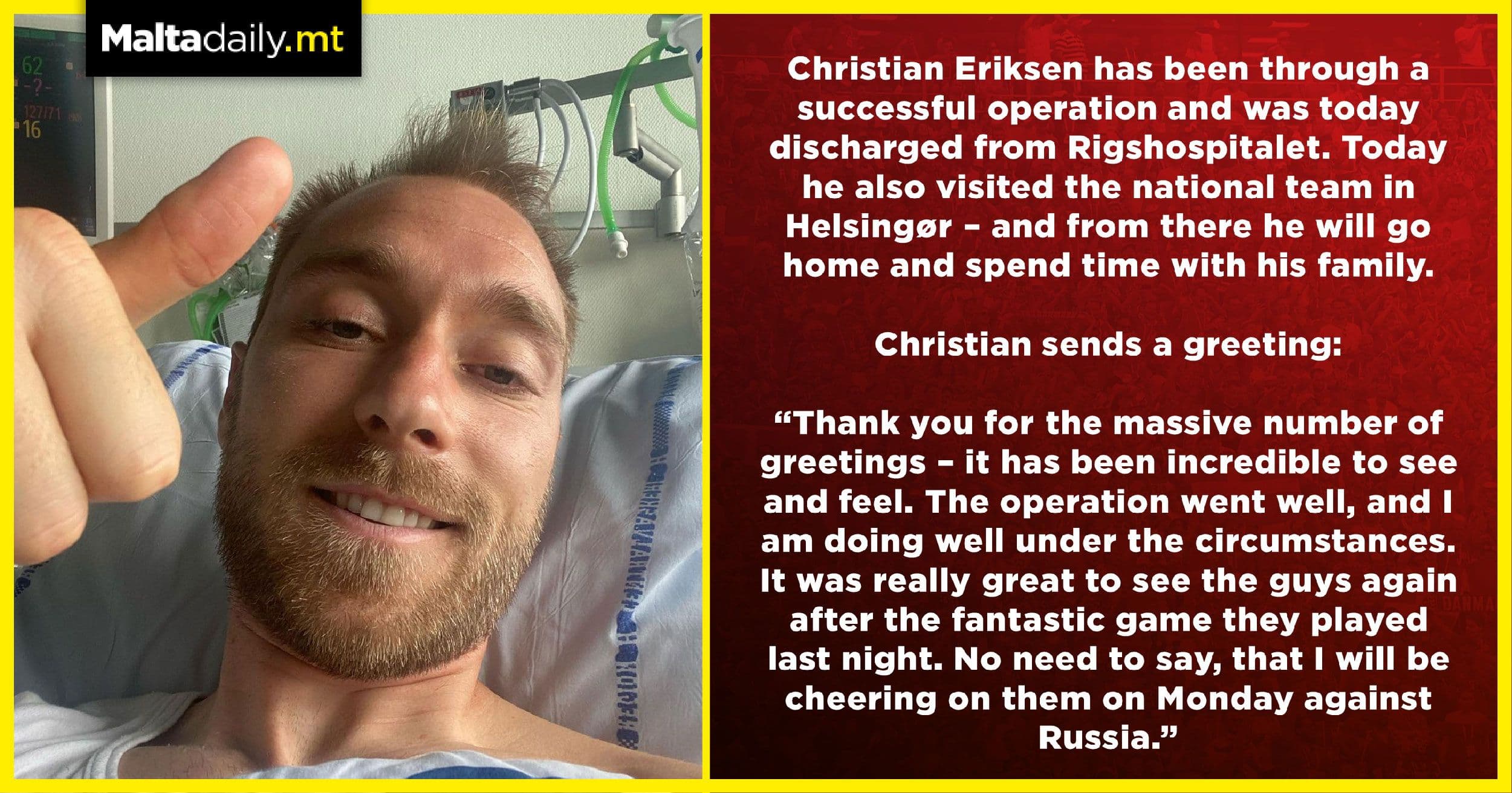 Christian Eriksen shares positive note after hospital discharge