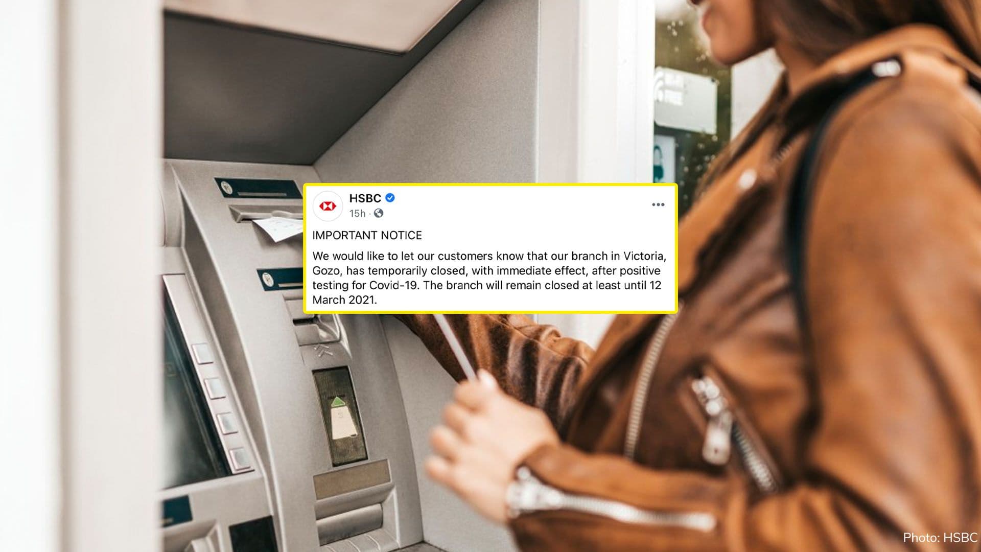 HSBC Victoria, Gozo branch closed until 12th March due to corona virus