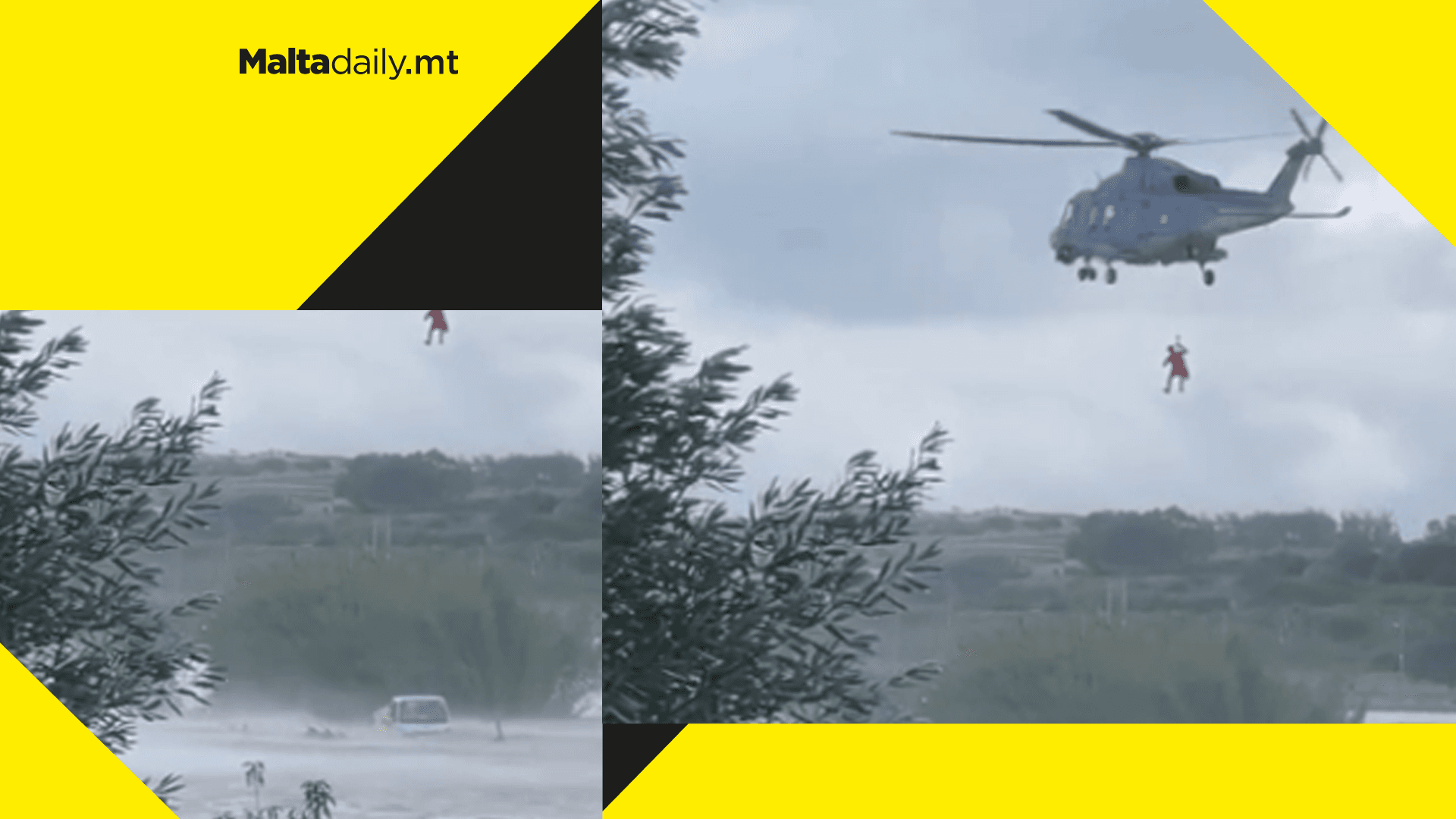 AFM helicopter rescues woman and Civil Protection officers from flooding