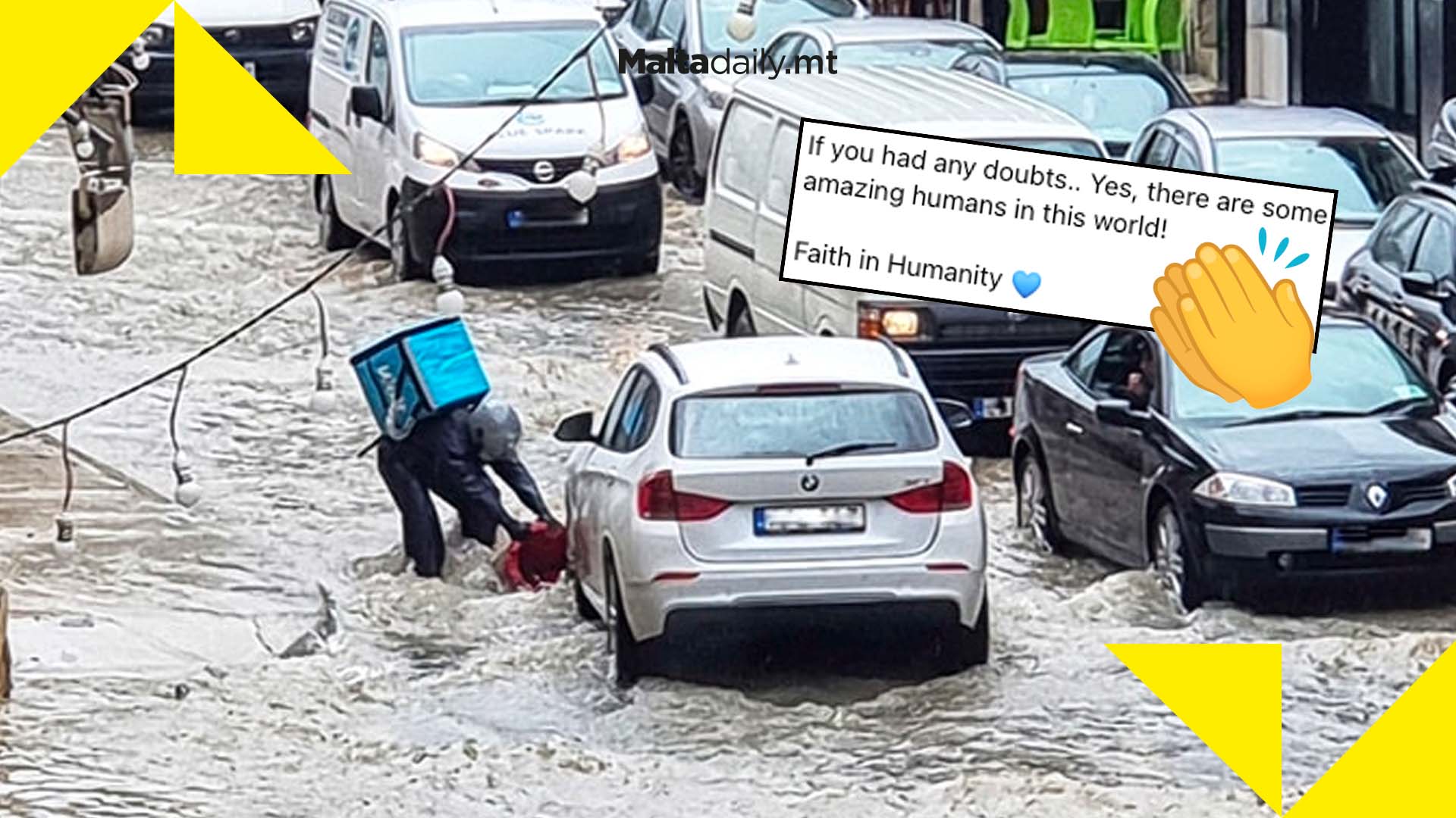 Food delivery driver helps person move stuck car