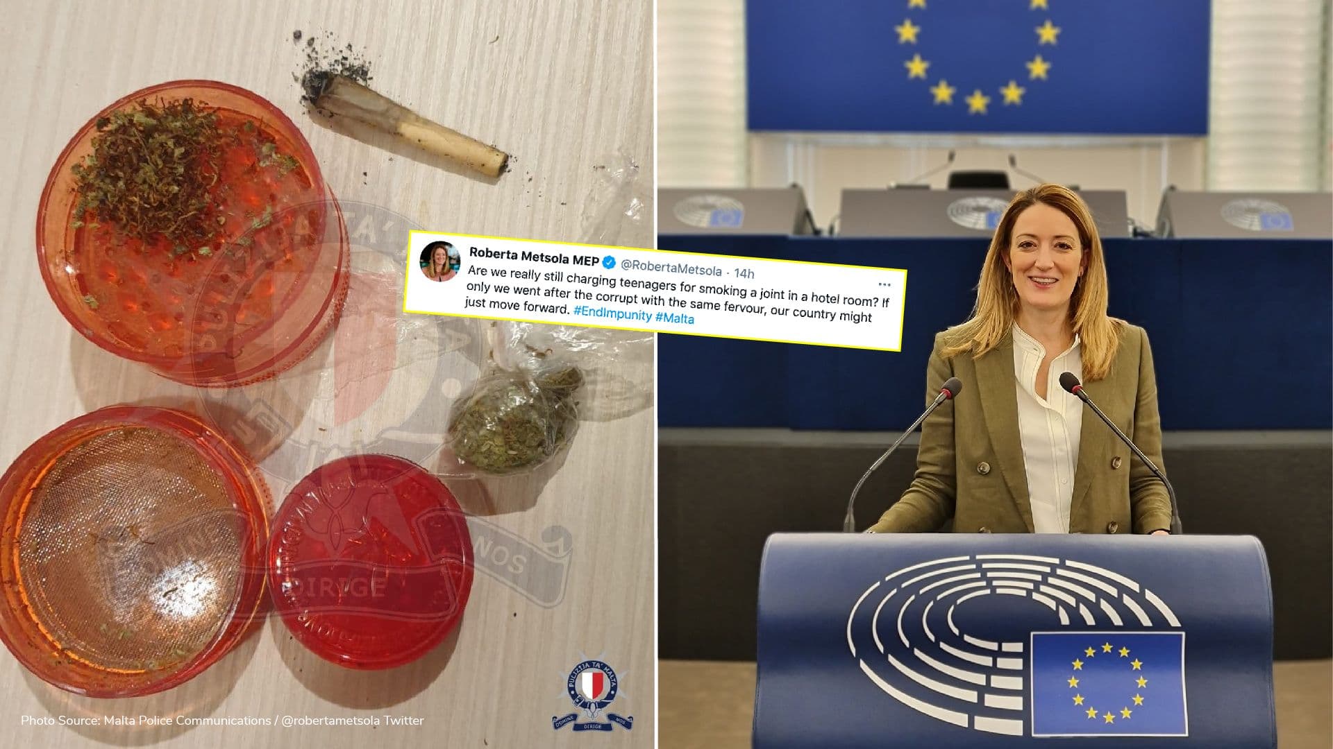 Couple arrested for smoking a joint in a hotel room; Roberta Metsola critiques government
