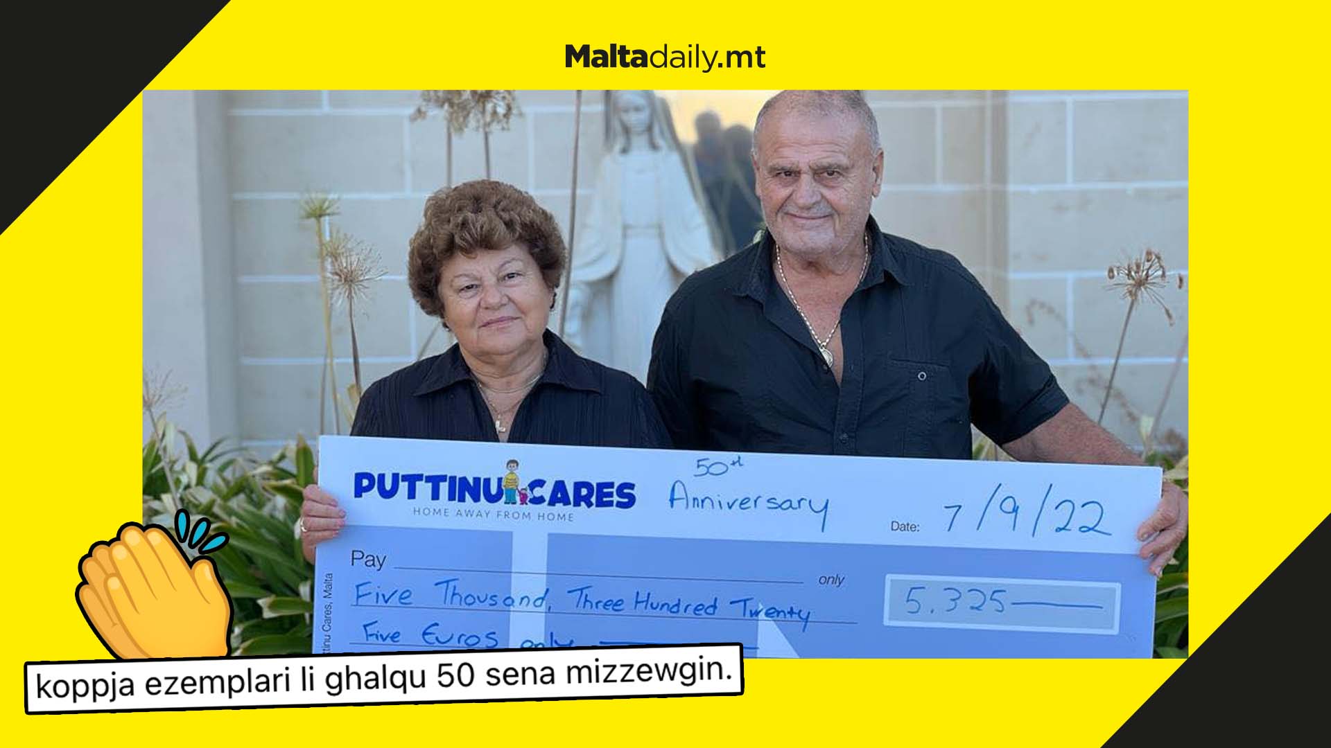 Elderly couple donate €5,325 to Puttinu Cares for 50th anniversary