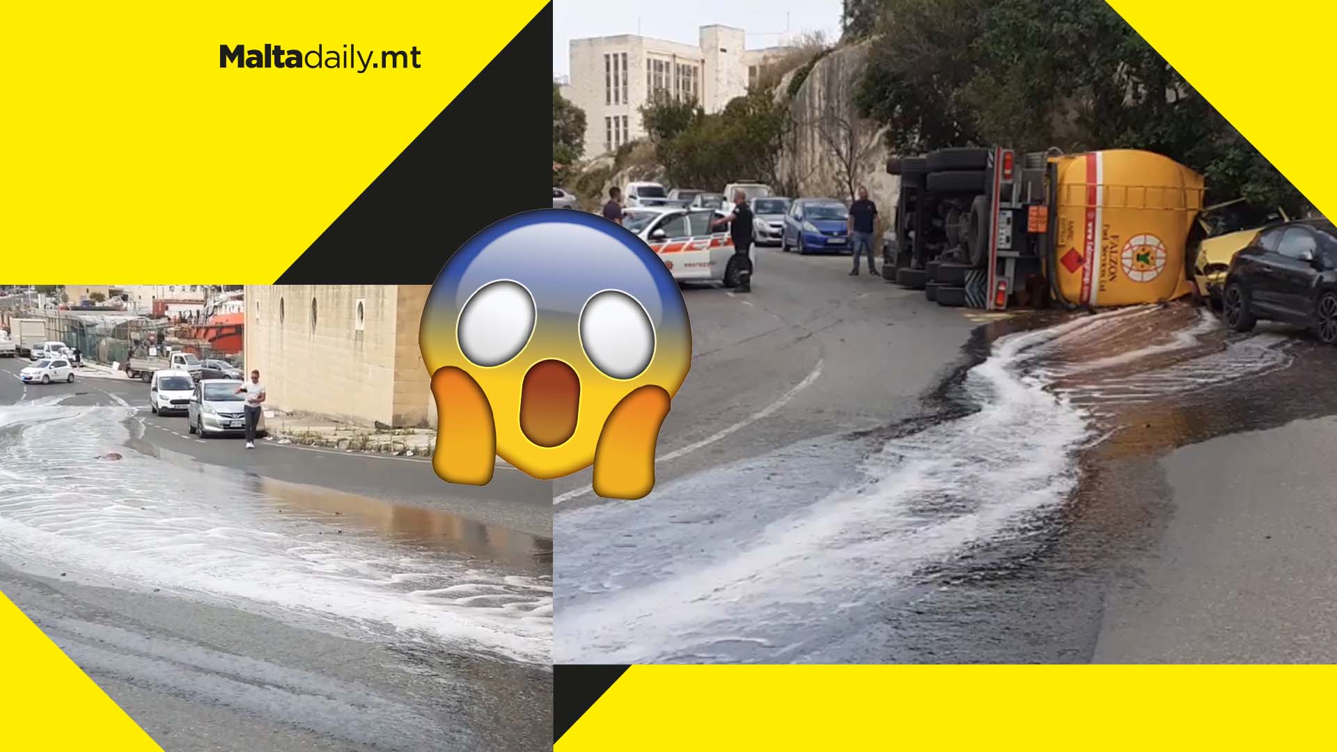 Massive diesel spill after tanker flips onto its side