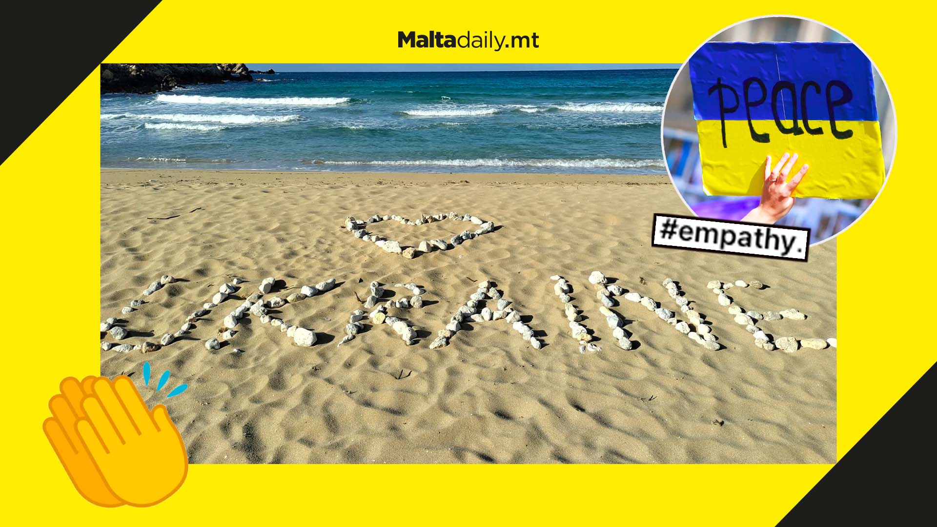 Tribute for Ukraine made out of pebbles on a beach found by activist