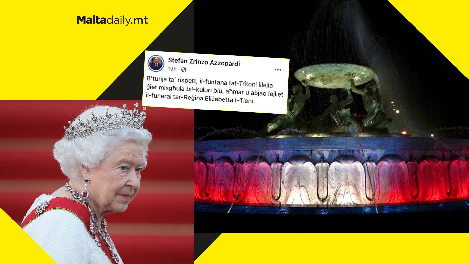 Triton Fountain lit up with colours of UK flag in memory of Queen Elizabeth