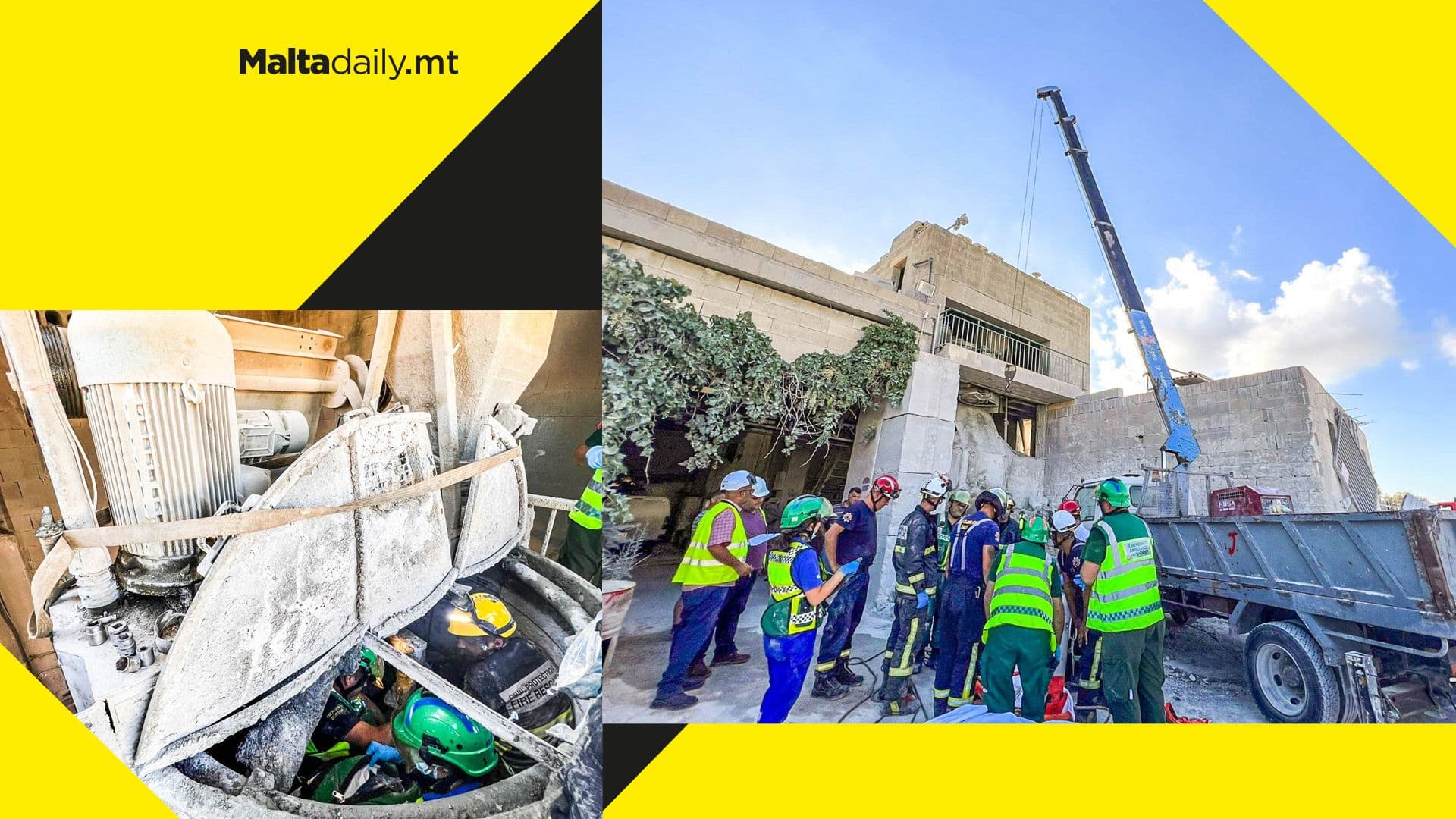 Man stuck in concrete mixer saved by Civil Protection; life still in danger