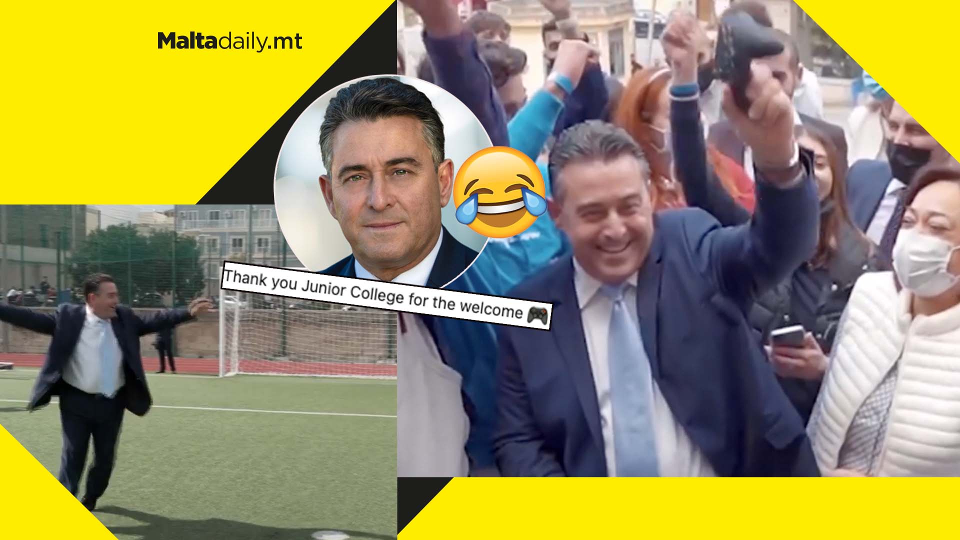 Bernard Grech signs joystick and plays football at Junior College