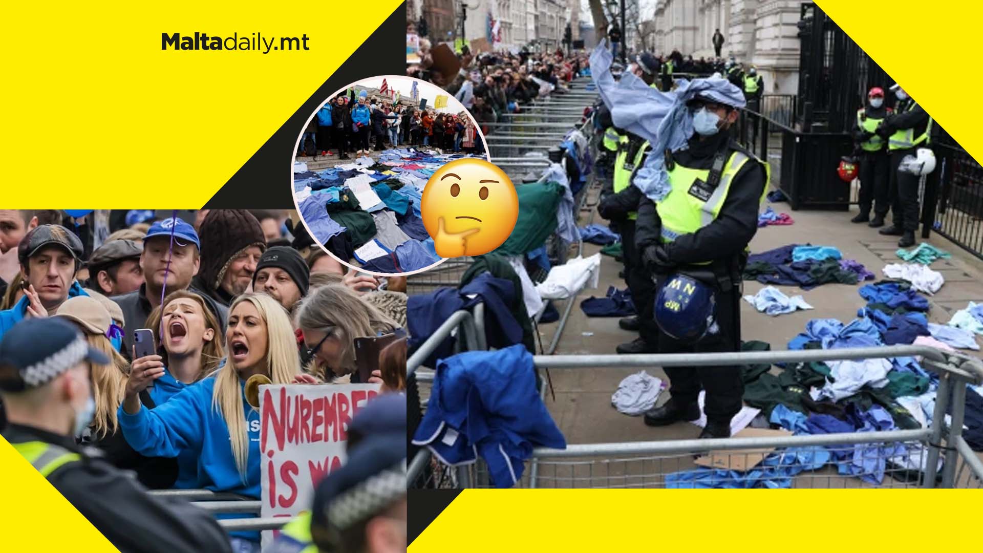 NHS staff throw uniforms at Downing Street during anti-vaccine mandate protest