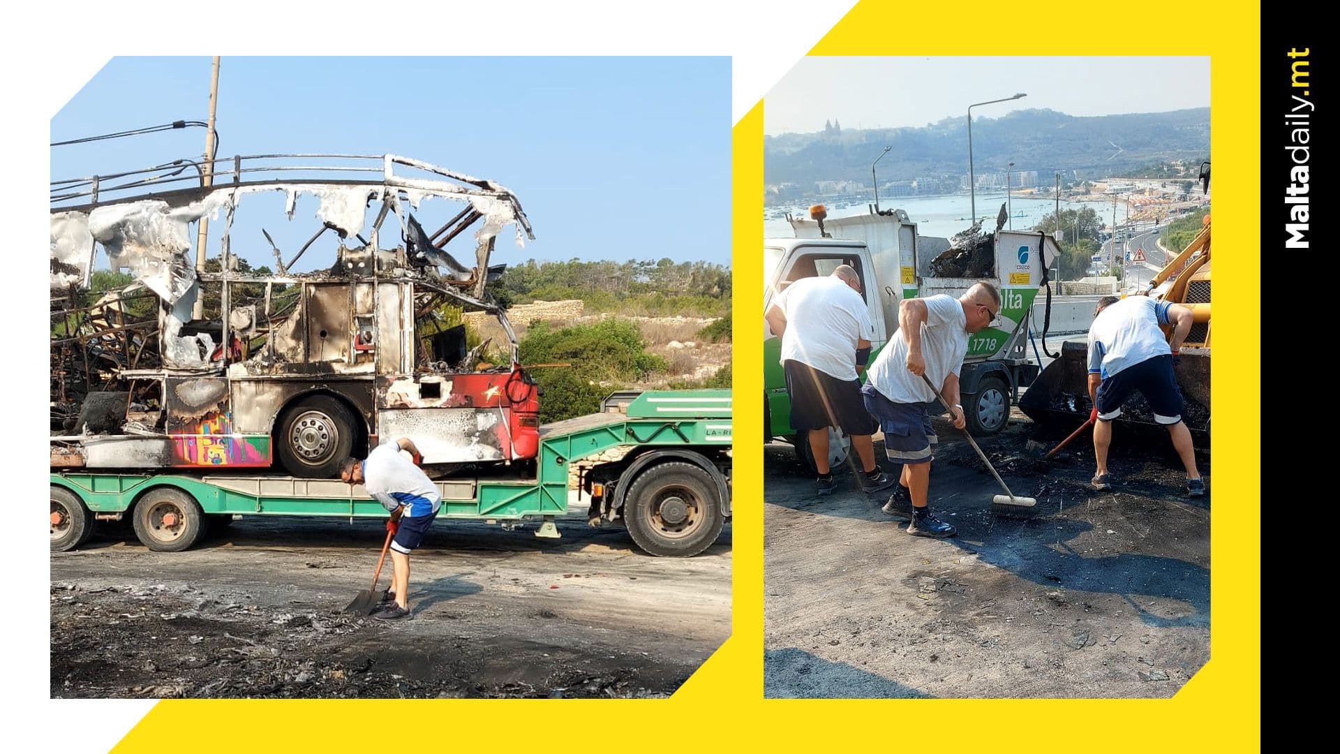 Malta’s Cleaning Division Revives Għadira after Double-Decker Bus Bursts into Flames
