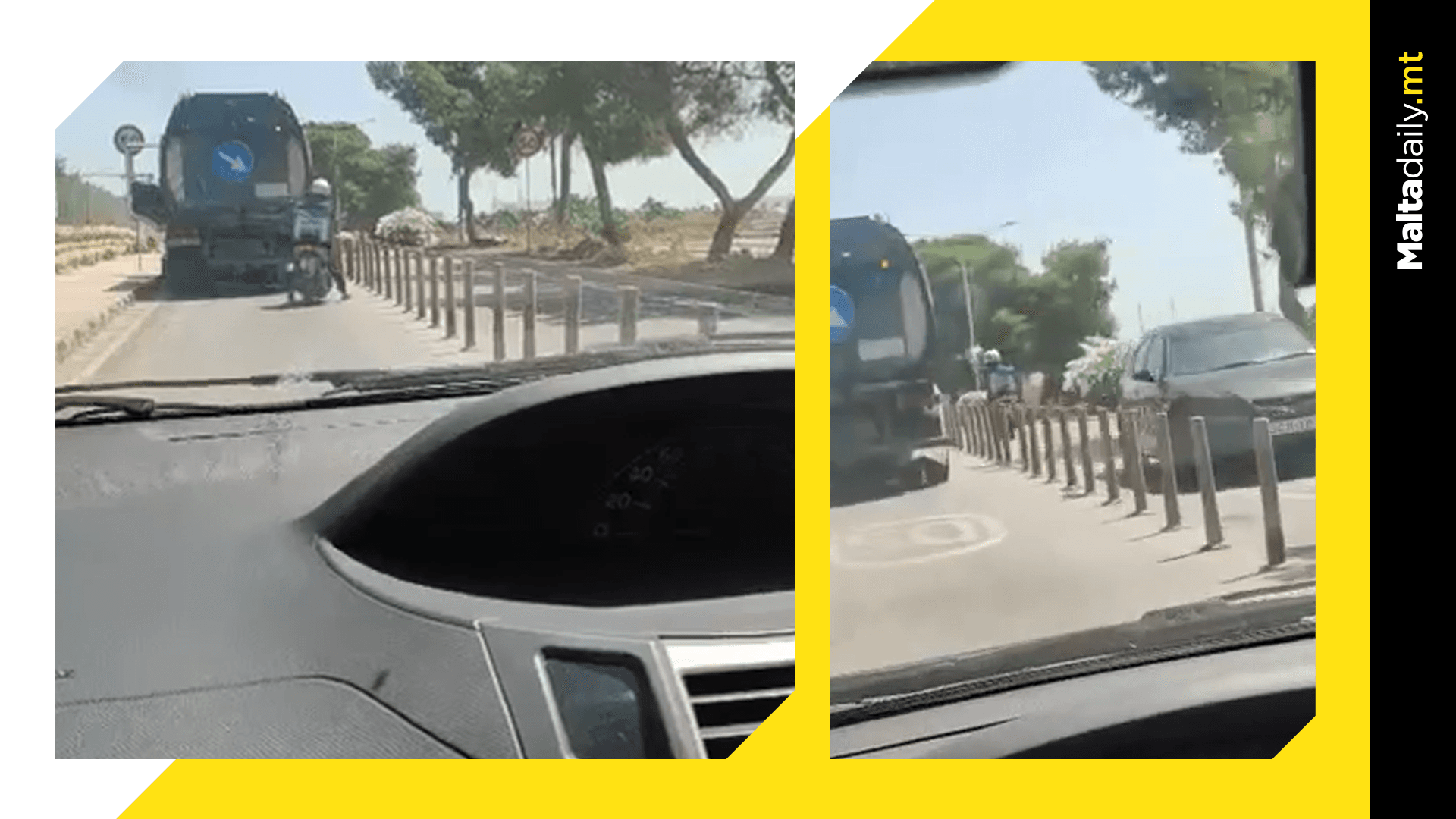 Courier Drives On Opposite Lane to Avoid Slow Truck