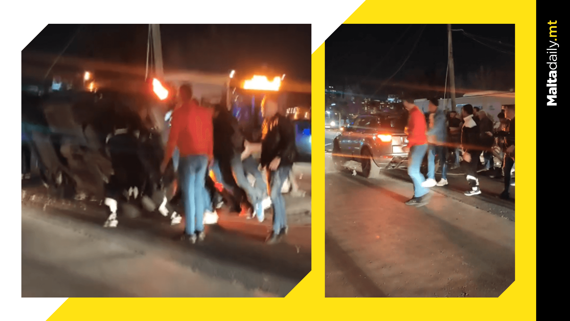 Group push to flip over-turned car at Sliema Strand