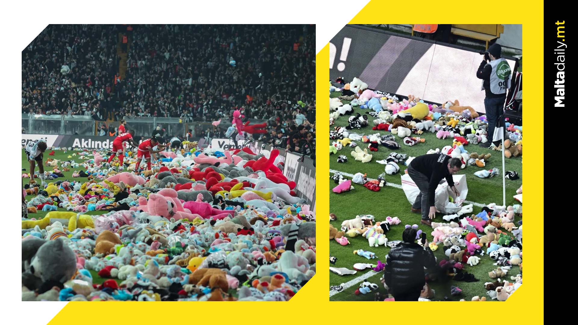 Supporters throw toys to show solidarity with earthquake child victims