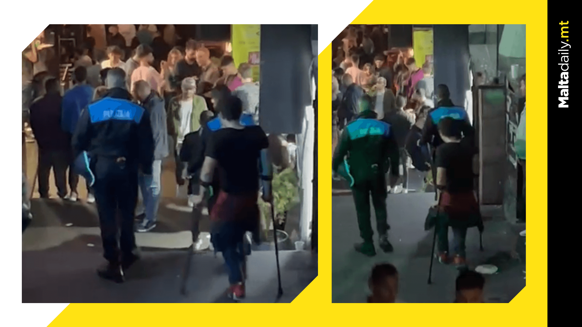 Police safely escort man with crutches through Paceville crowds