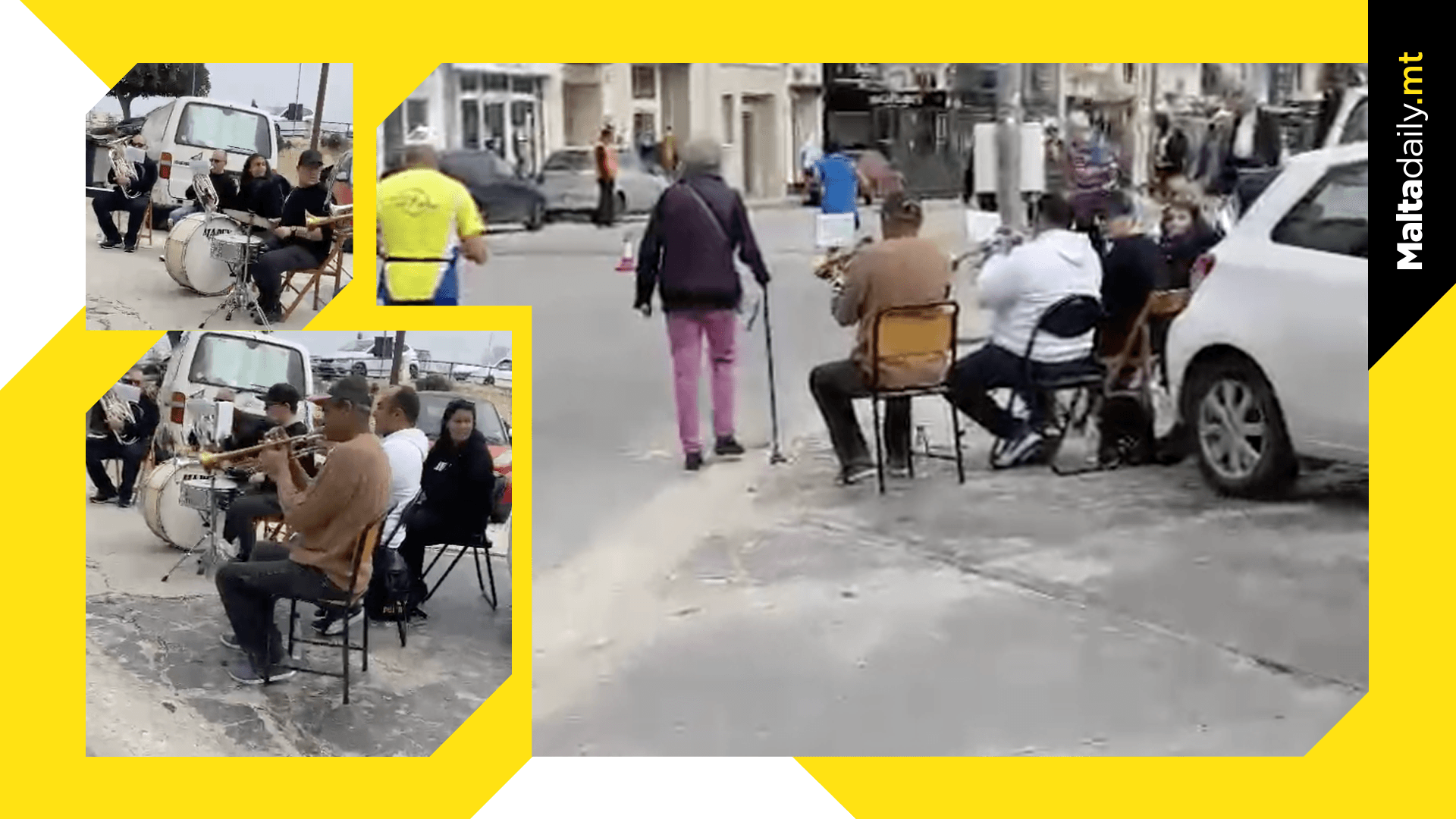 Band club members motivate marathon runners with roadside music