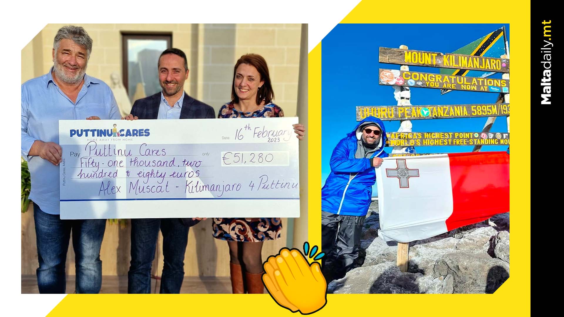Maltese MP with Puttinu donation after Mt Kilimanjaro challenge