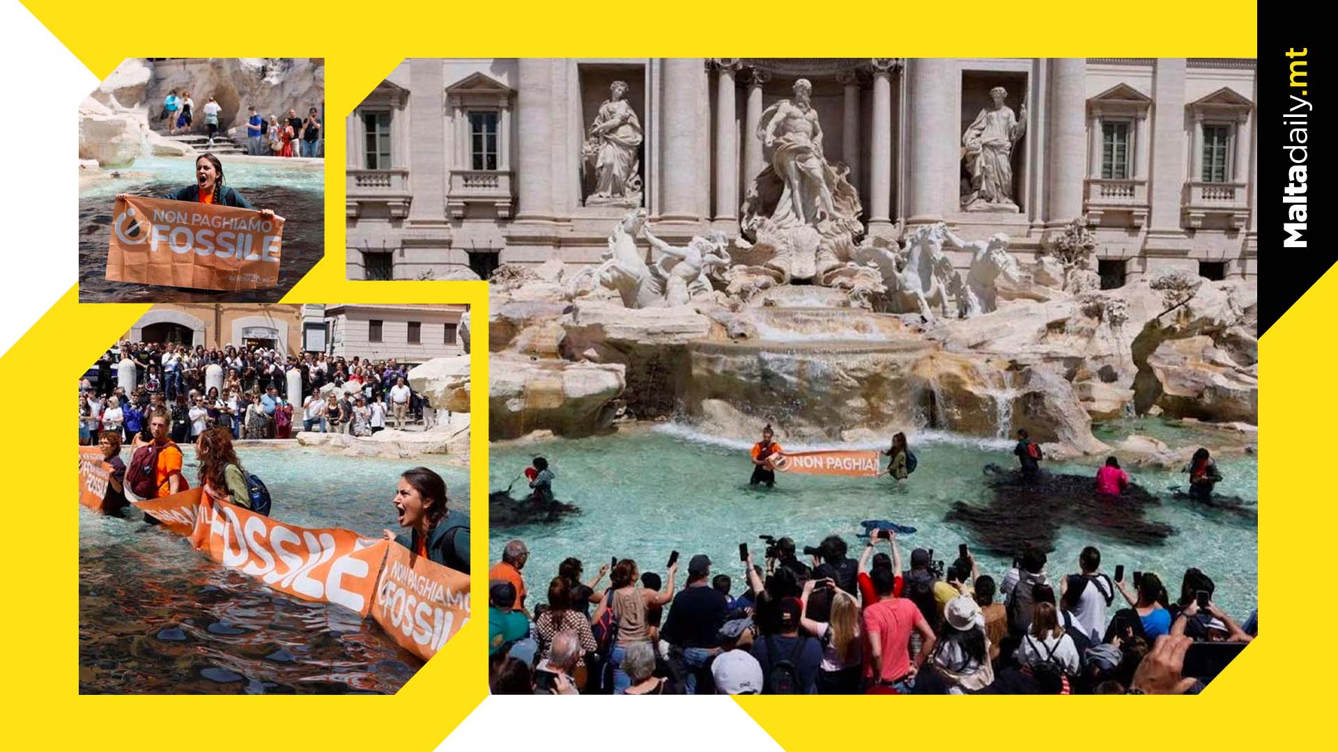 Activists turn Trevi Fountain water black in climate protest