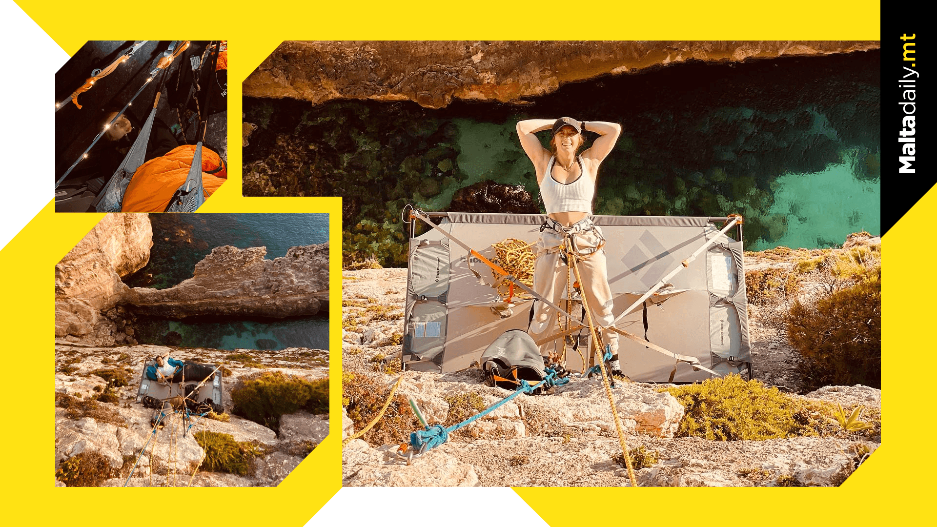 Stunt couple camp on tent hanging off of Xaqqa cliffside