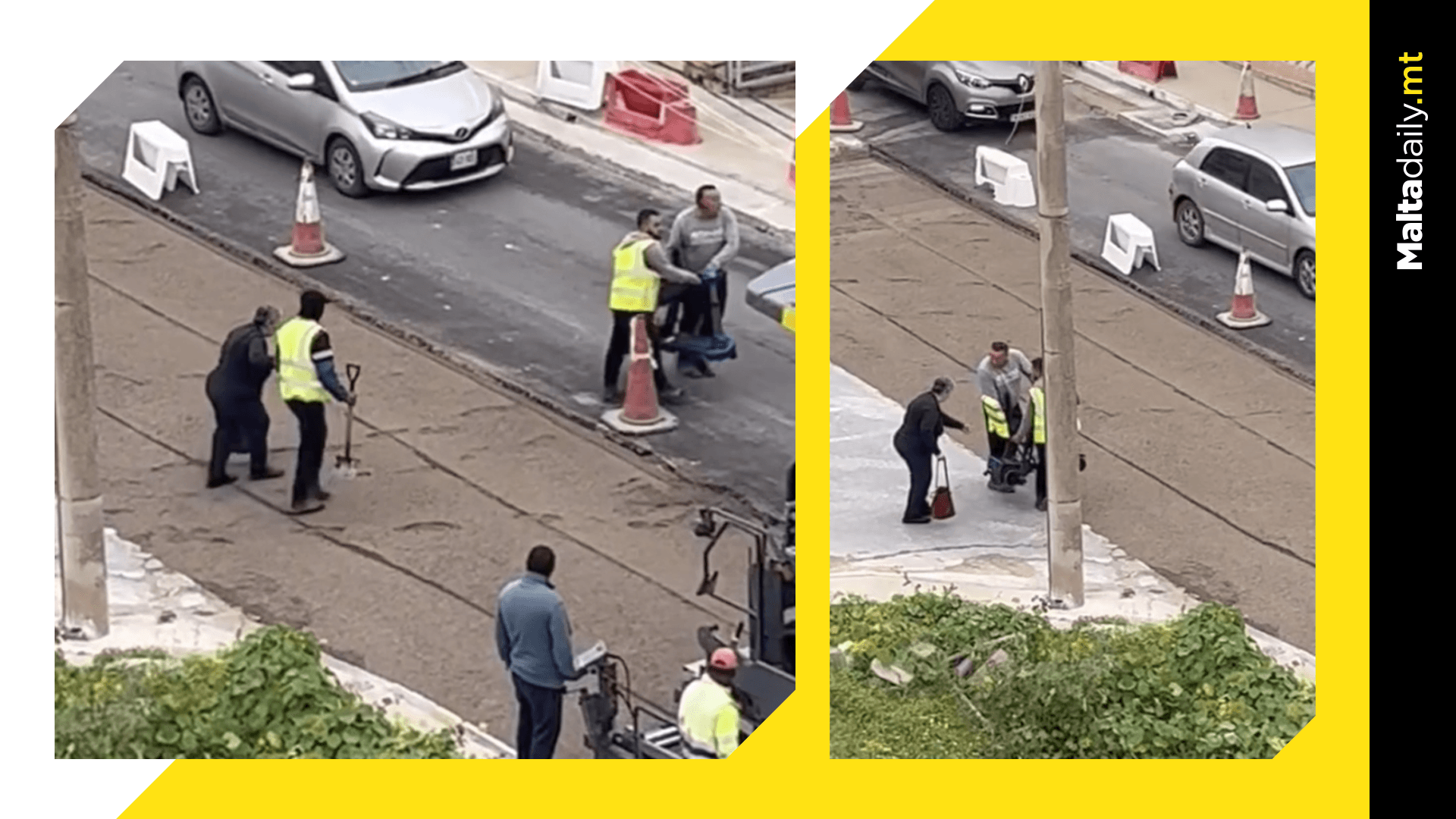 Construction workers stop to help elderly woman cross road under works