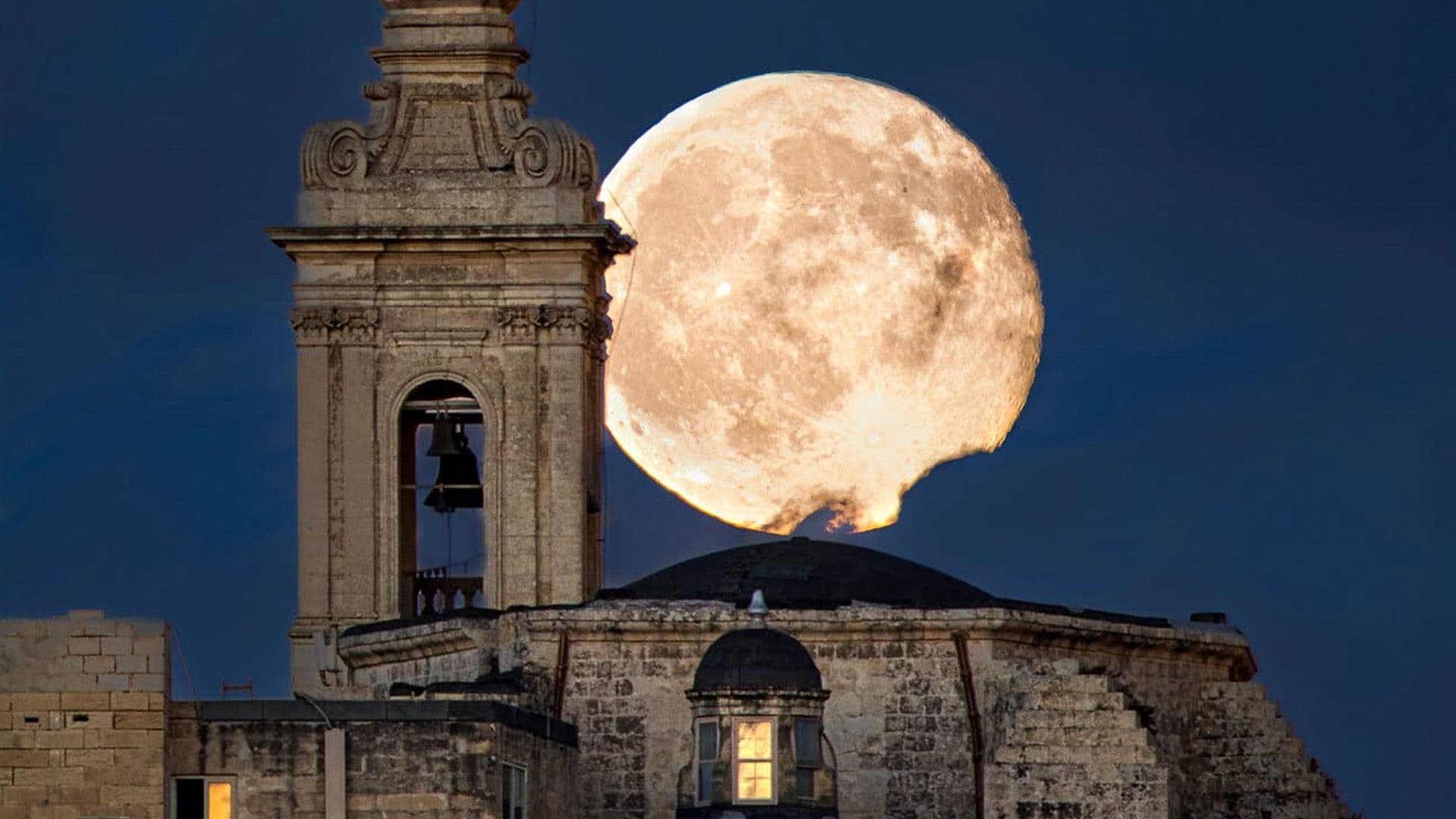 Local Photographs An Almost Full Moon Between Spire & Dome In Mdina