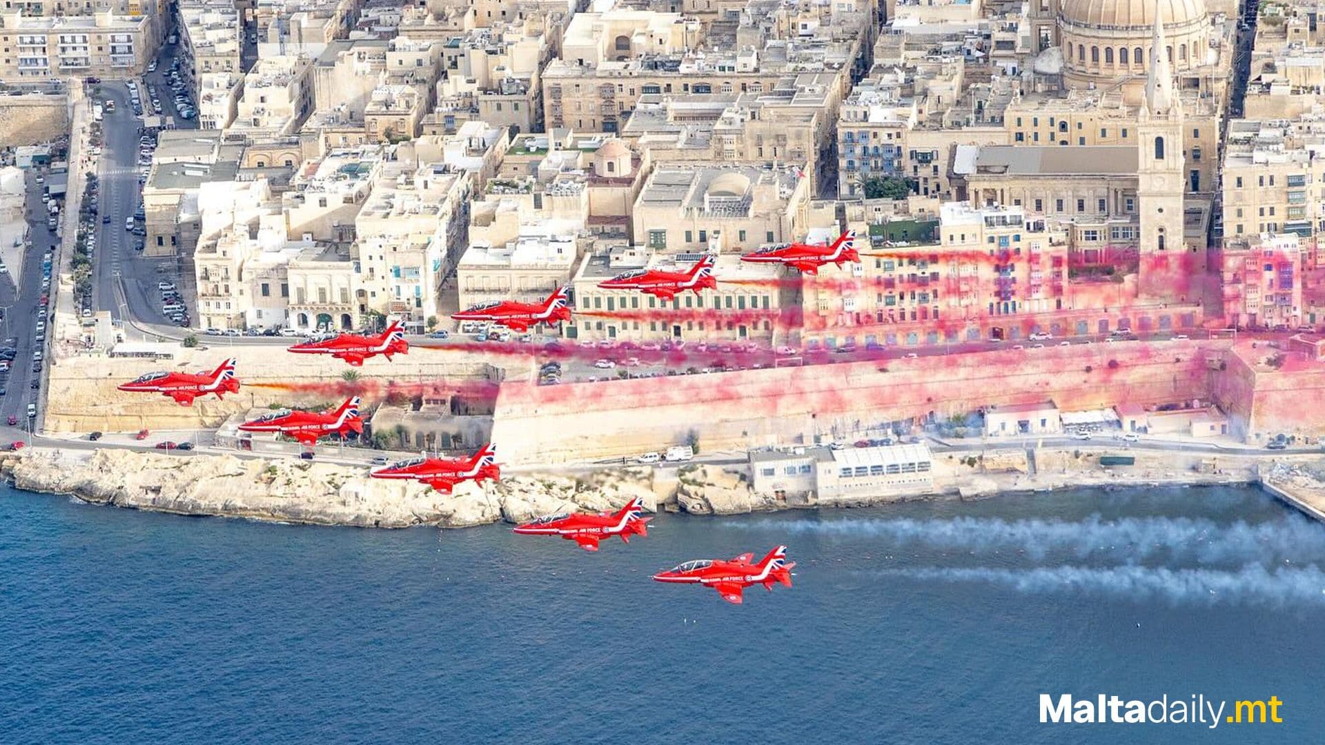 Red Arrows Perform Flypast As They Arrive In Malta