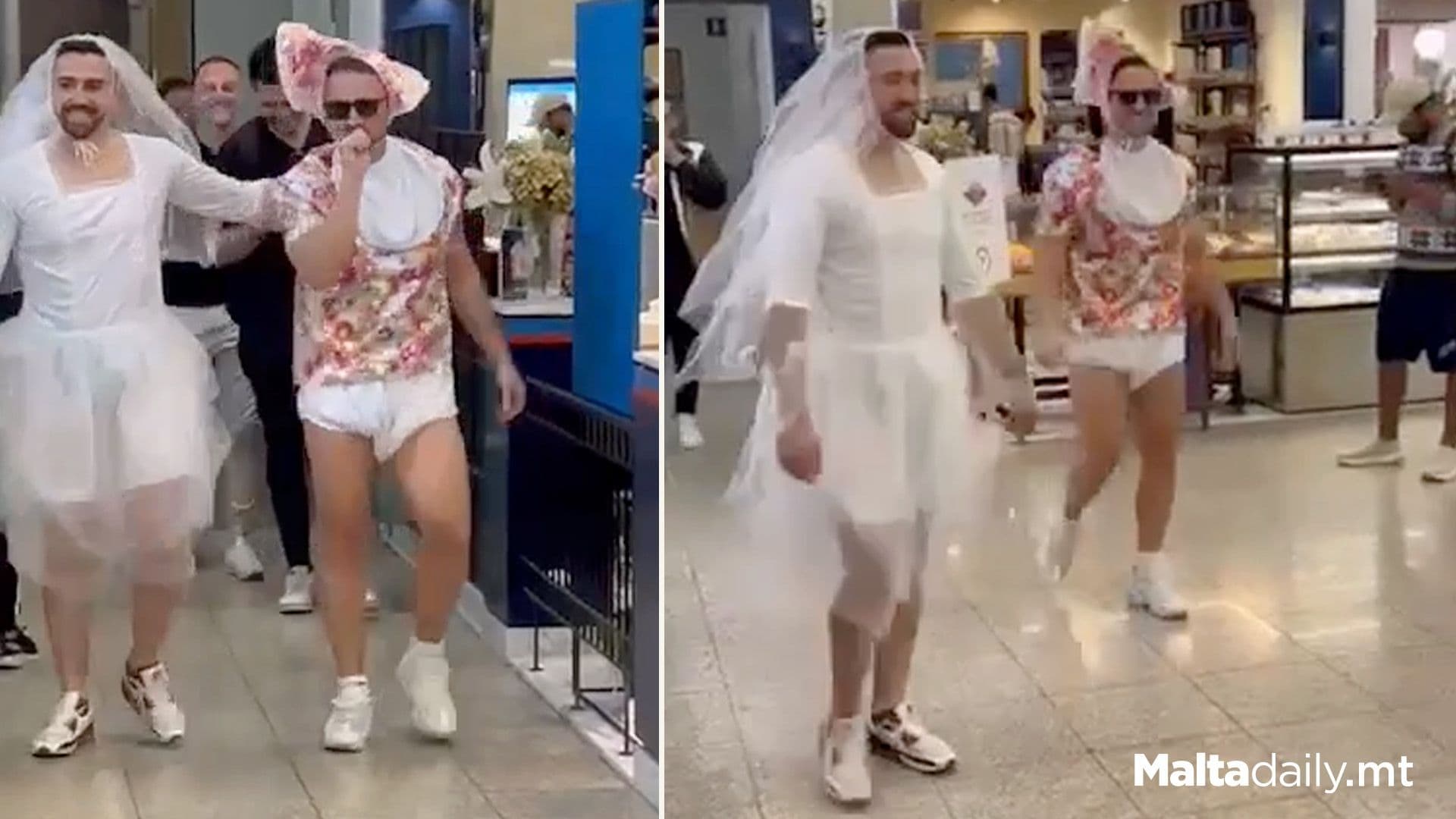 Men Dressed As Bride & Toddler At Airport For Bachelor’s