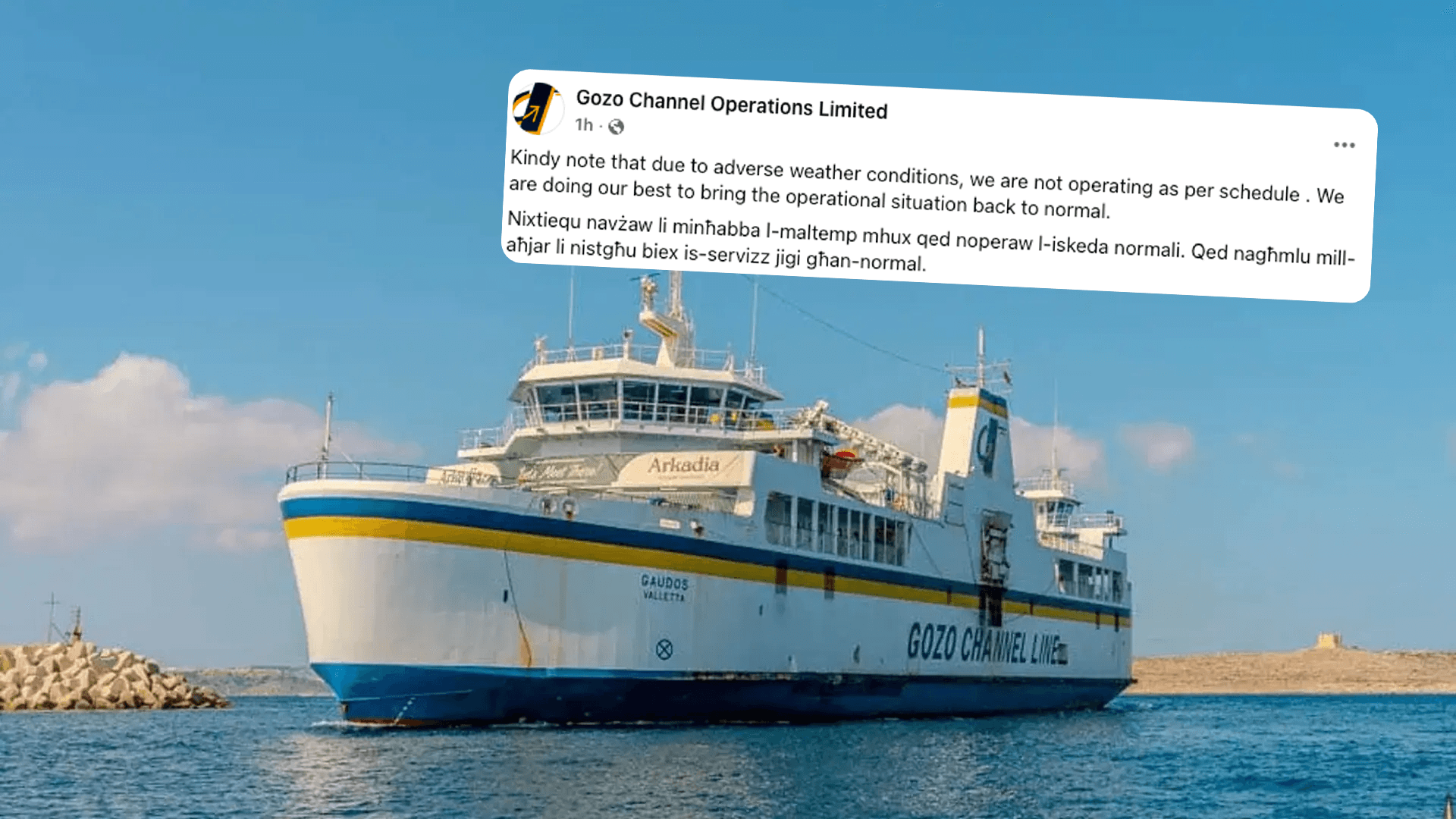 Gozo Channel Services Experiencing Delays Due to Adverse Weather