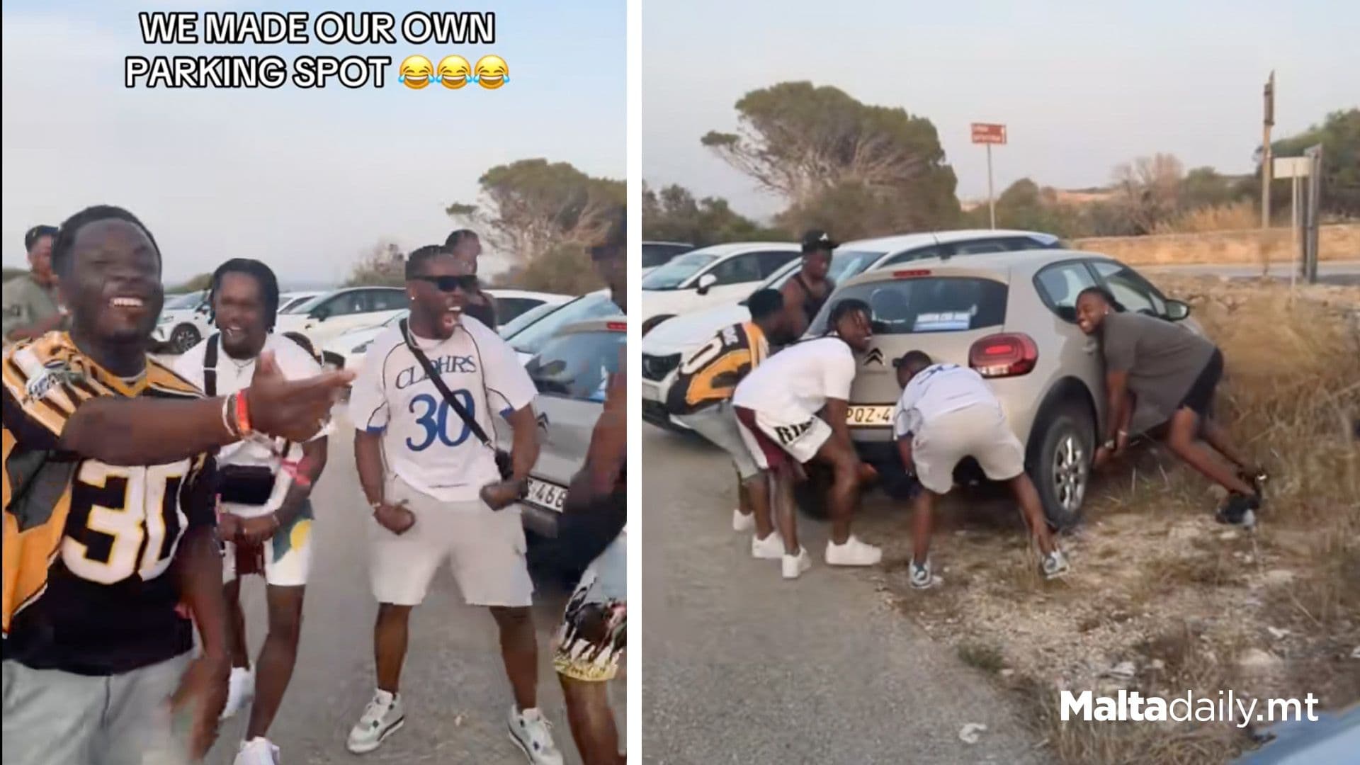 Group Of Tourists Moves Other Car To Make Way For Parking