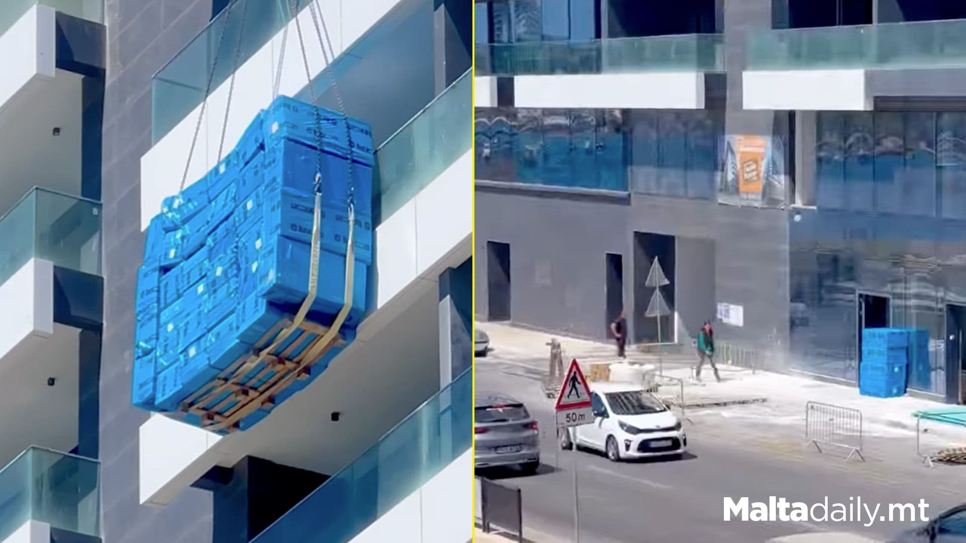 Pedestrians Walk On As Crates Dangle Overhead In Sliema