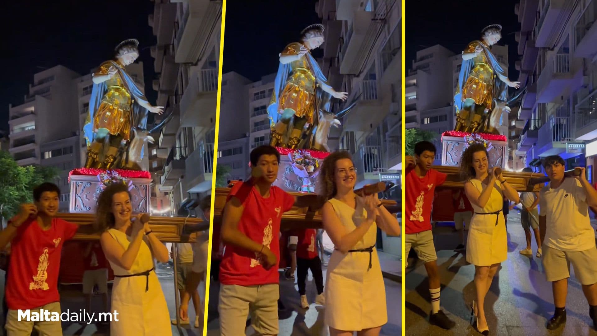 Eve Borg Bonello Helps Carry Statue During St Julian’s Village Feast