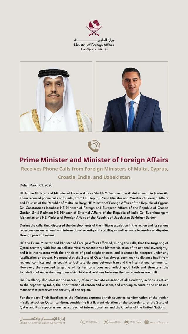 DPM Ian Borg Calls Qatar Prime Minister After Iran Missiles Target Region