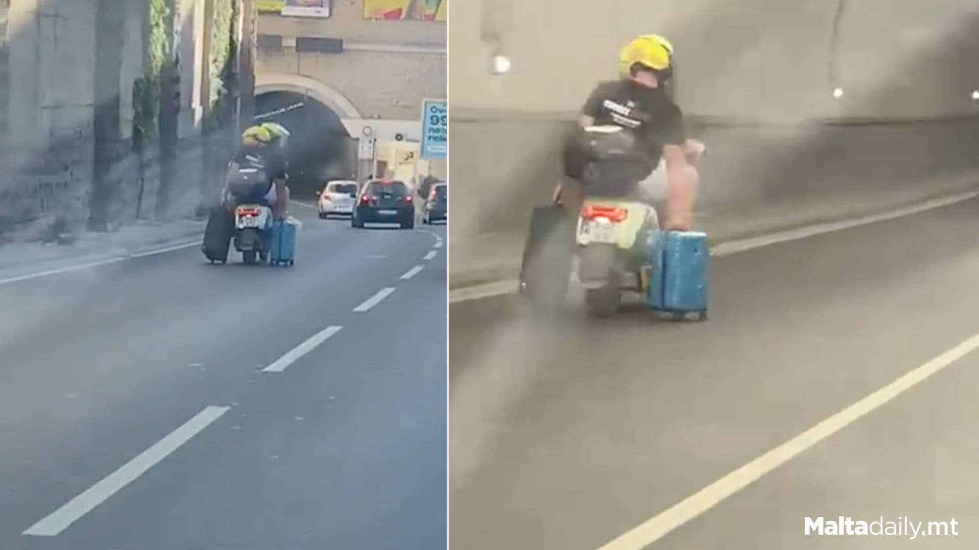 Luggage Dragged On Wheels As Pair Ride Motorcycle