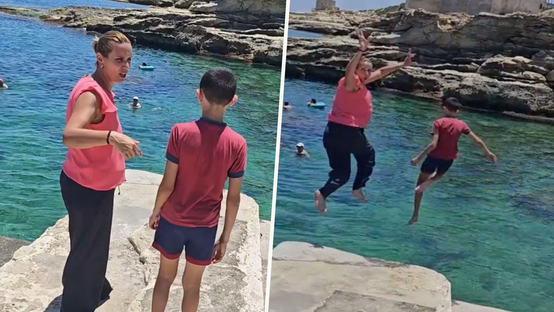 Mum & Son In Uniform Jump For Swim After Surviving Exams Together
