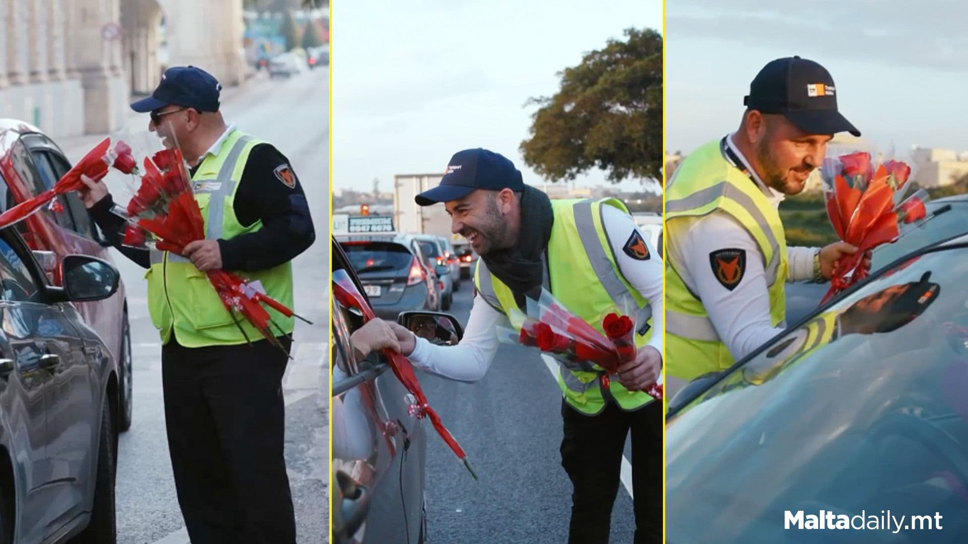 Transport Malta Officials Give Out Flowers In Traffic
