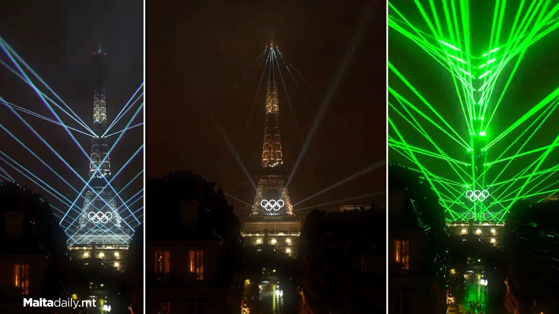 Eiffel Tower Lights Up For Olympics Opening