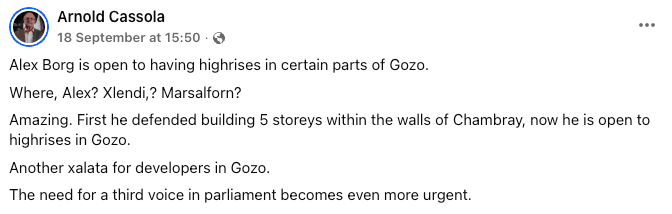 Alex Borg Rejects Claims He Supports Towers in Gozo