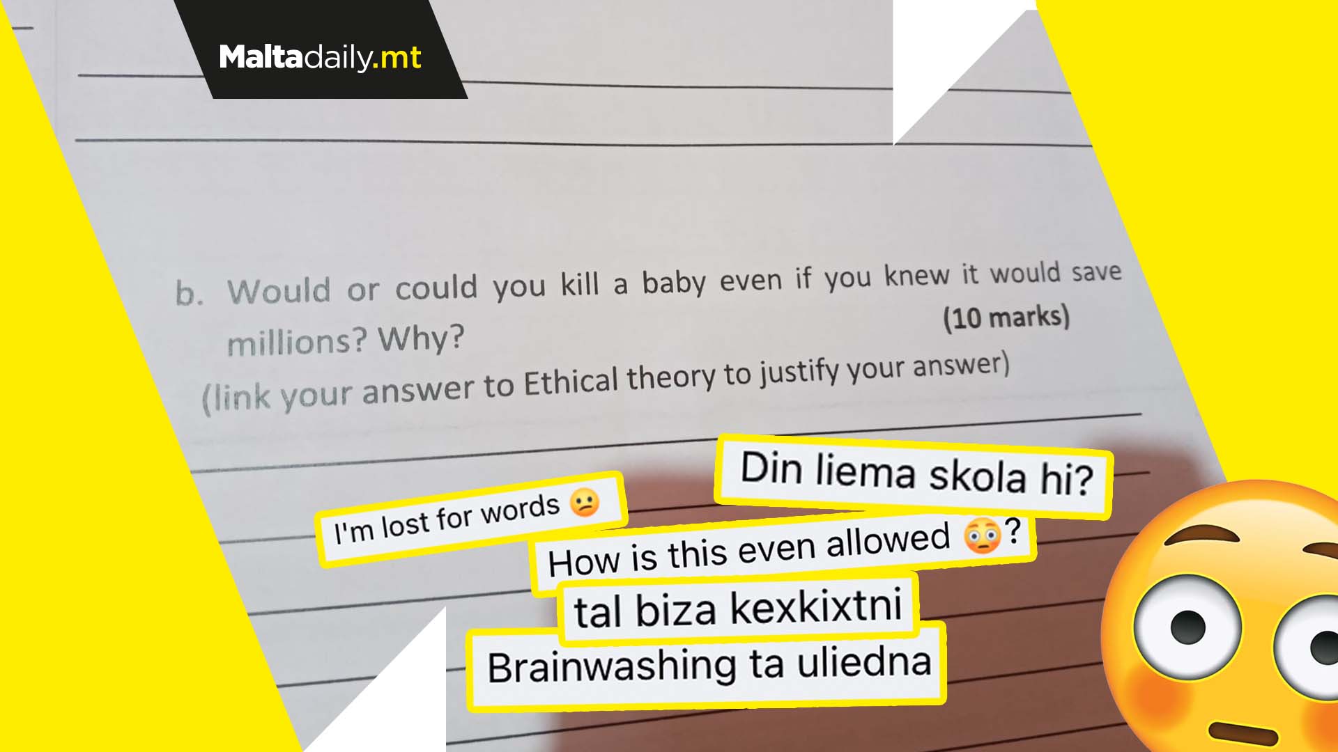 "Could you kill a baby...?" Parents shocked by controversial question on school handout