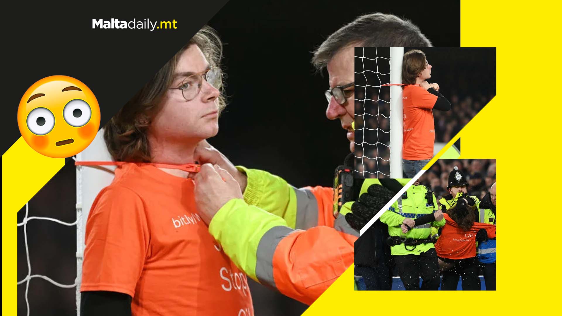 Protestor ties himself to goal post during Premiere League match