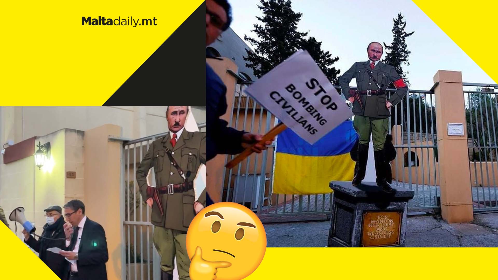 Putin depicted as Hitler in Repubblika protest outside Russian Embassy