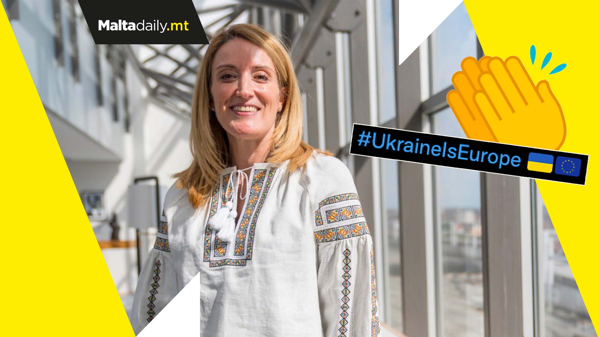 Roberta Metsola supports Ukraine in traditional vyshyvanka