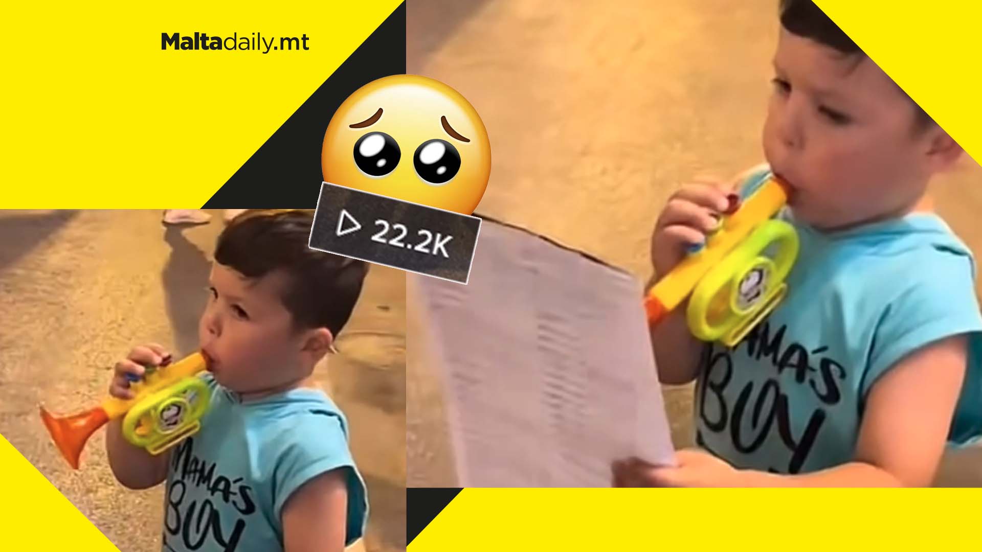 Adorable Maltese boy imitates band club musicians with toy trumpet