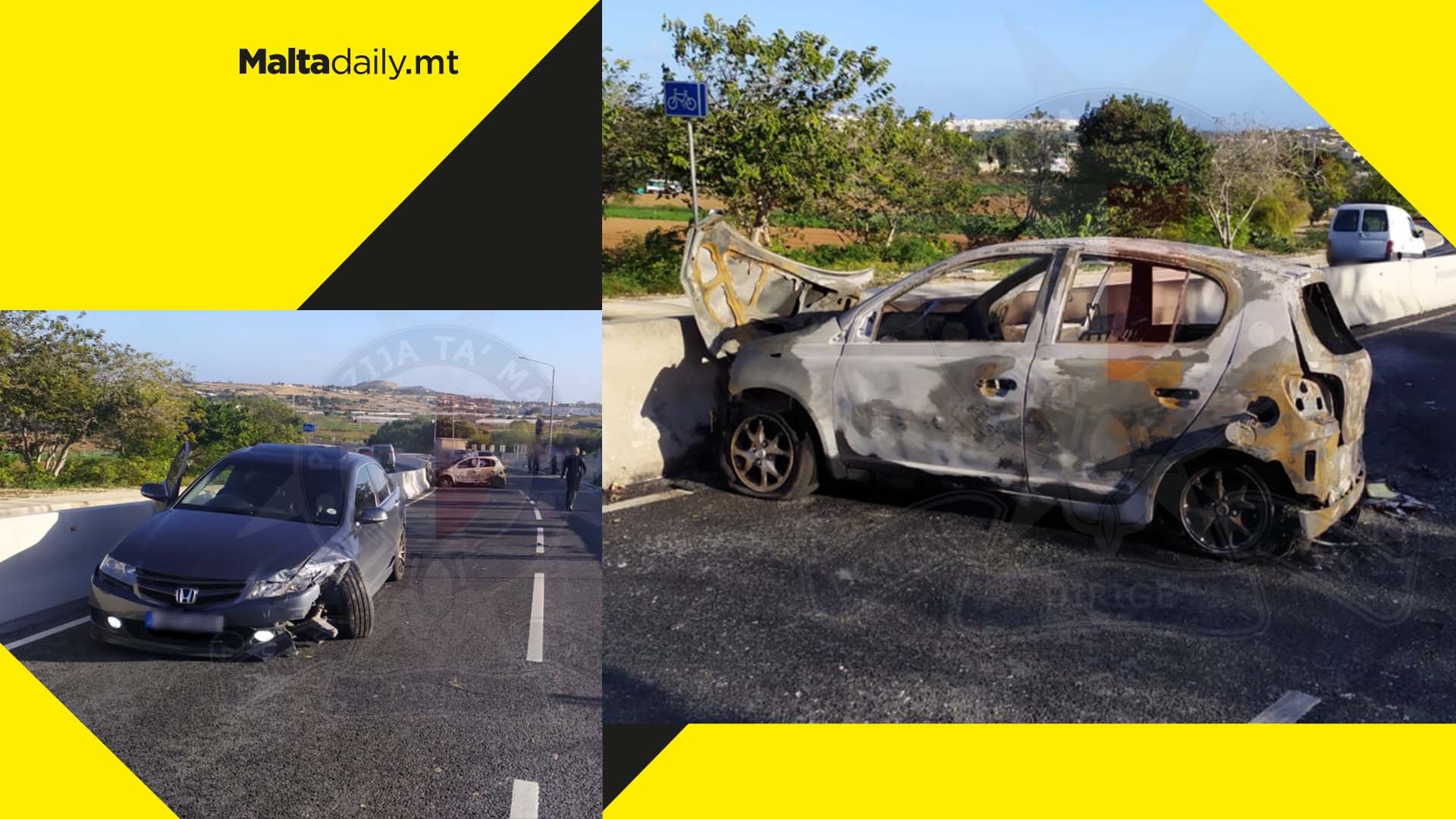 Car catches fire on impact in Mosta road incident