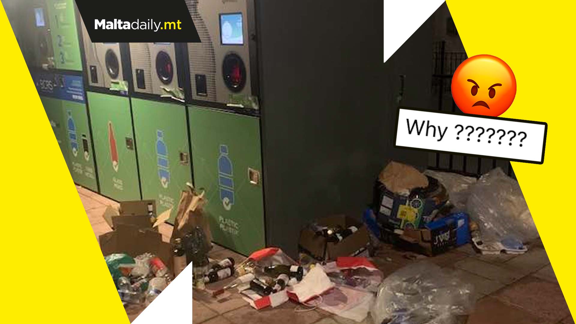 Trash littered around container vending machine in Sliema