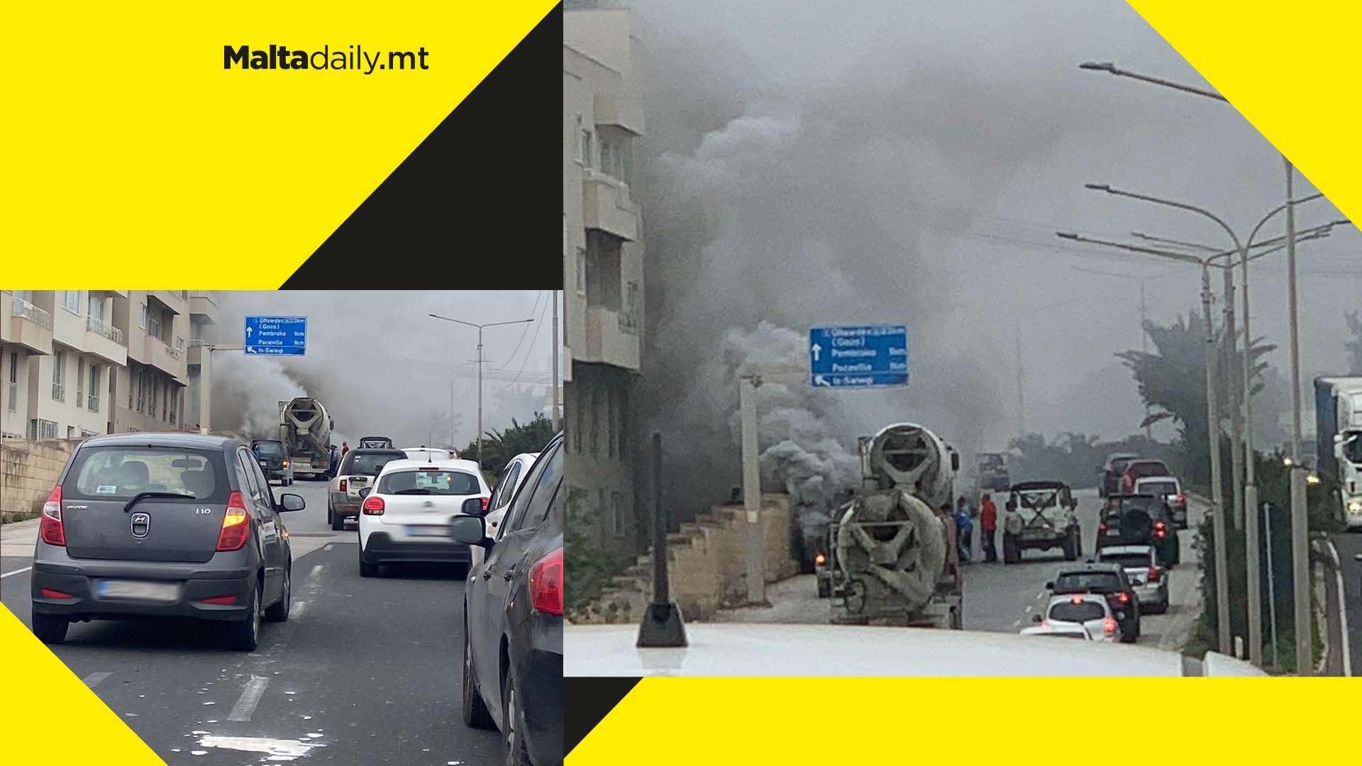 Clouds of smoke in Regional Road after cement mixer truck malfunctions