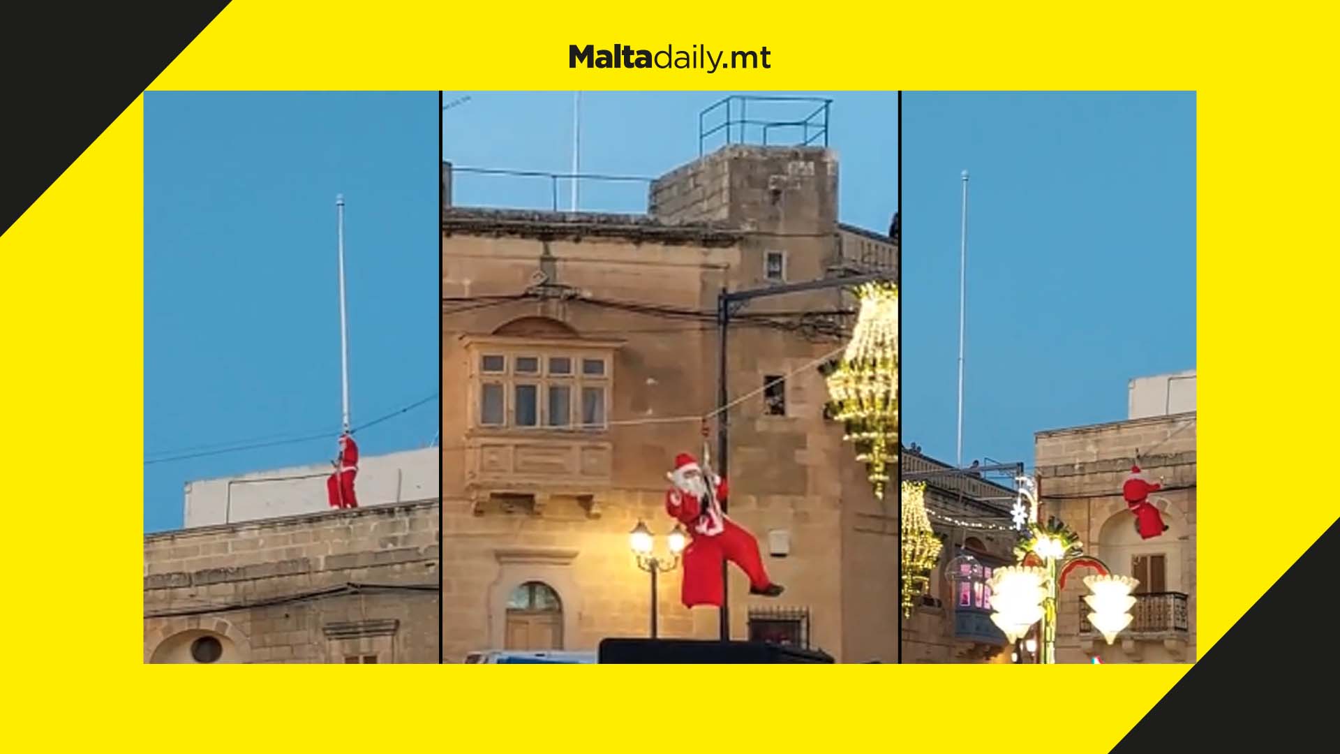 Man dressed as Father Christmas zip-lines from roof to Gozo square
