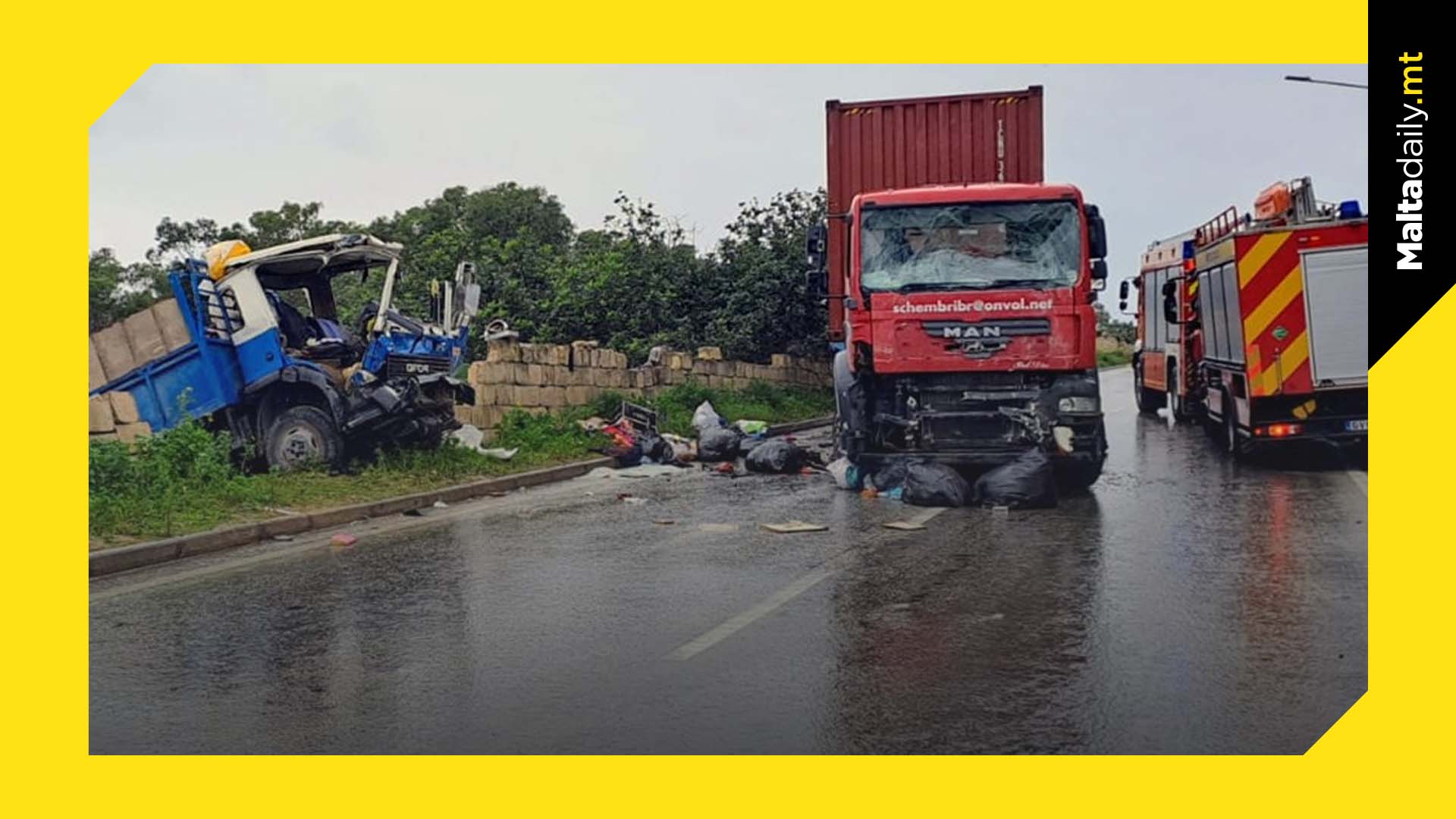 Head-on collision between truck and trailer in Ħal Far road