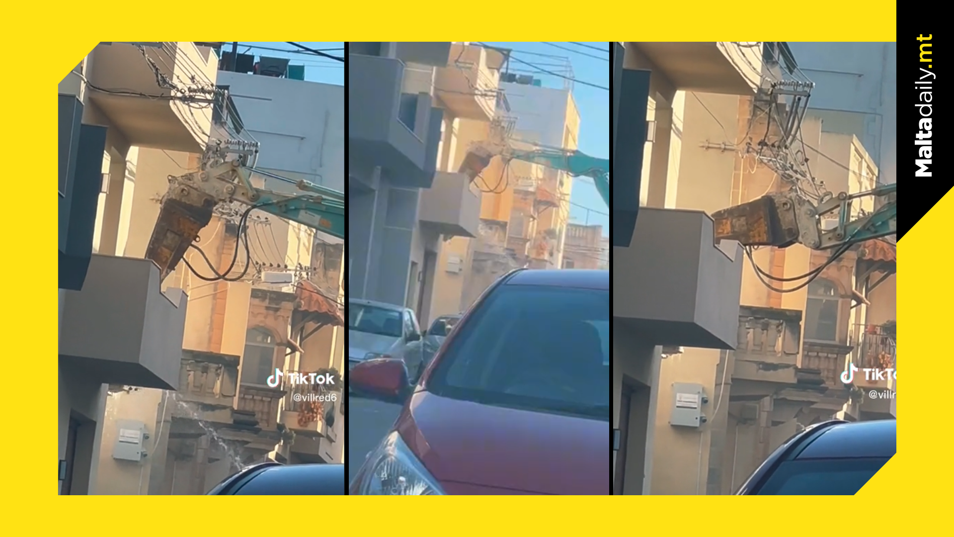 TikTok shows crane caught in street power cables in Malta