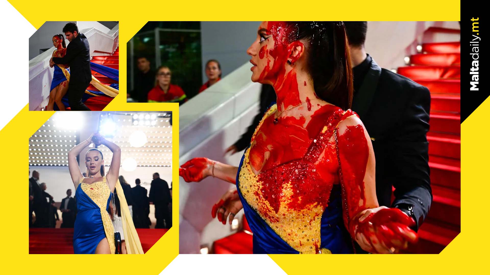 Red carpet protester wearing Ukrainian colours pours fake blood on herself