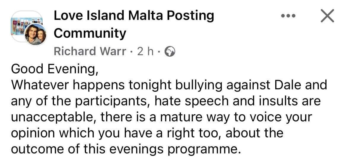 Nicola's father, Richard Warr, has made a public appeal for kindness towards Dale, as tonight's recoupling on Love Island Malta approaches.